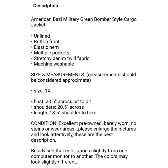 American Bazi Military Green Bomber Style Crop Cargo Jacket  Women's 1X  Grunge - Picture 9 of 9